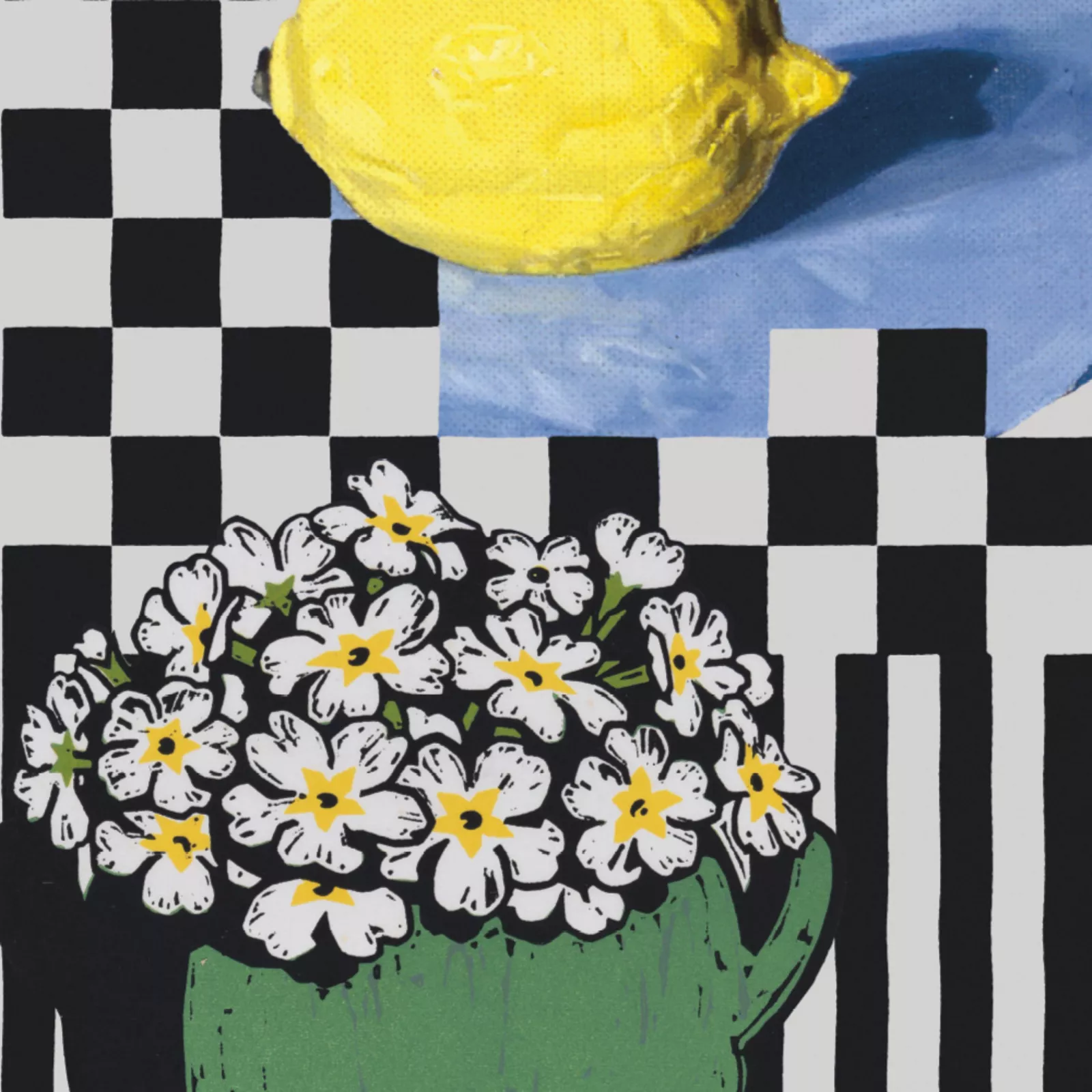 Zitrone und Blumenstrauss auf Schachbrettmuster und Streifen